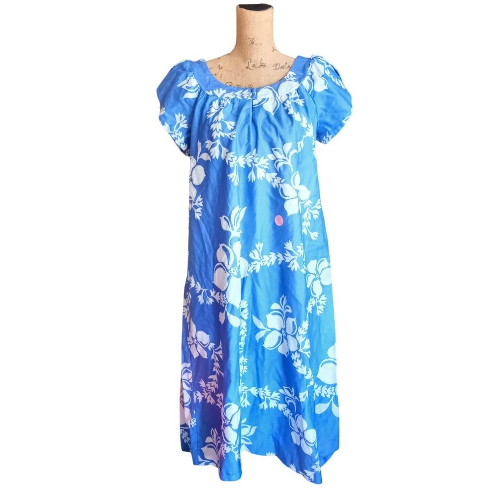VTG Sun Fashions Hawaiian Dress Blue, White Floral Flaw M